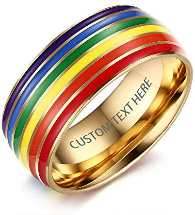XUANPAI 8mm Custom Personalized Stainless Steel Gay Pride Rainbow Relationship Engagement Rings Wedding Band for Gay Lesbian Couples,Size 62