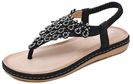 Sandalen Damen Sommer Flip Flops Bohemian Flach Zehentrenner mit Strass, 39 EU, Schwarz 023