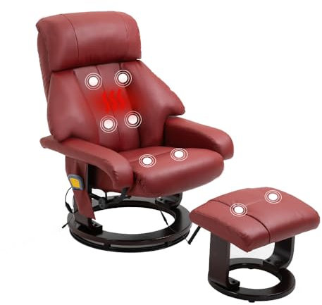 Mingone Relaxsessel mit Liegefunktion Elektrisch Fernsehsessel mit Hocker Massagesessel mit Wärmefunktion TV-Sessel für Wohnzimmer 360°Drehbar,Rot Kunstleder