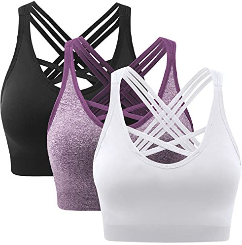 ANGOOL Damen Sport BH ohne Bügel Gepolstert Yoga Bra Kreuz Rücken Sport Bustier für Jogging Fitness, Schwarz+weiß+violett, XL