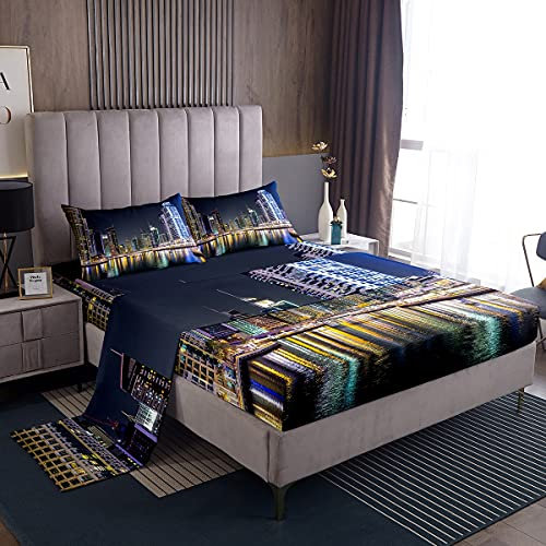 Loussiesd New York City Bettwäsche-Set, Amerika-Stil, mit Stadtansicht, Spannbettlaken, 4-teilig, enthält 1 Bettlaken und 1 Bettlaken mit 2 Kissenbezügen, weiches Doppelbett