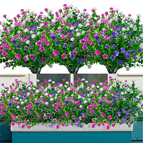 Elecoutek 8 Bundles Artificial Plants and Flowers Outdoor, Fake Flowers UV Resistant Faux Plastic Shrubs for Outside Spring Hanging Basket Garden Window Box Decoration(White Fuchsia Purple)