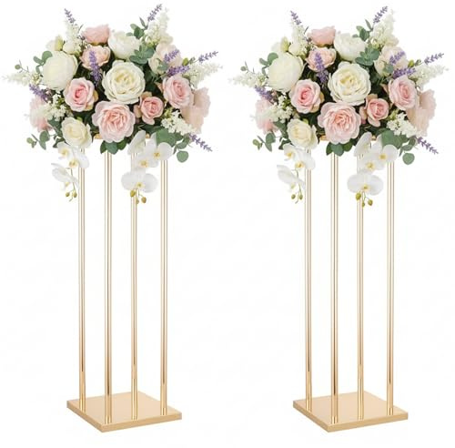 Elegant Metal Flower Wedding Centerpieces, 23.6 Tall Gold Flower Stands for Tables, 2pcs of Geometric Column Vases for Wedding Reception Birthday Party Event Christmas Home Décor