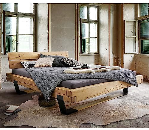 Lomadox Doppelbett Ehebett Bett Echtholz Massivholz, 200x200 cm, Fichte massiv, Holzkopfteil, Schwarze Metallkufen mit Massivholzeinsatz, B/H/T ca. 218/88/228 cm