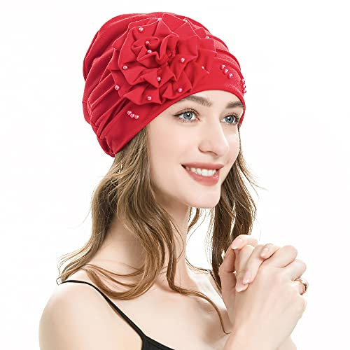 ZLYC Damen Summer Beanie Mütze Elastischer Chemo Hut mit Blumen(Blume Rot)