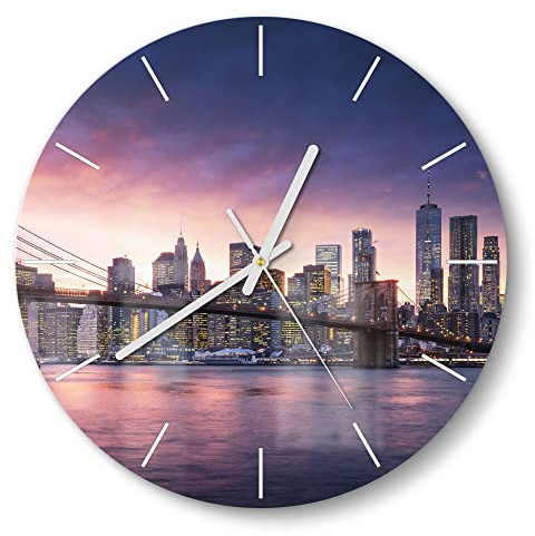 DEQORI Glasuhr | rund Ø 30 cm | Motiv Brooklyn Bridge Abendröte | ausgefallene leise Design Uhr aus Glas | Wanduhr für Wohnzimmer & Küche | moderne Hingucker Uhr für die Wand