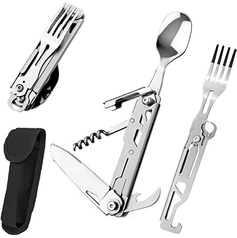 NUWIQ 5 in 1 Posate Portatili in Acciaio Inox Set di, Posate da Campeggio, con 1 Borsa Nera, Adatto per uso Esterno e Interno, ecc