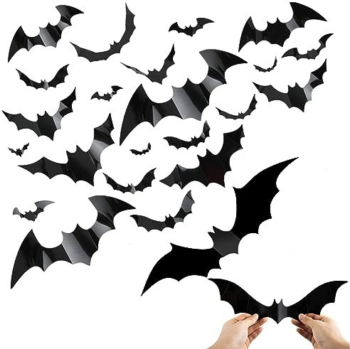 56 Stk Fledermaus Halloween Deko Gruselig Groß,Fledermaus Deko mit Kleber,Halloween Dekoration,Gothic Deko,Fledermaus Dekoration für Outdoor,Wand, Garten,Fensterdeko,Geburtstag,Halloween Party Zubehör