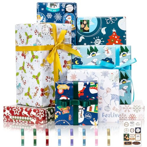 Larcenciel Carta Regalo Natale + Nastro + Adesivi, 8 Fogli di Bella Carta da Regalo con Babbo Natale, Renne e Orso Polare, Carta da Pacchi Liscia per Vacanze, Feste, Compleanni, 70x50cm