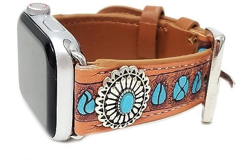 Emulily Kompatibel mit Apple Watch Braun Lederband 38/40mm Western Boho Squash Blosssom (Turqouise)