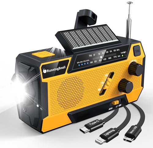 Radio Météo d'Urgence à Manivelle AM/FM/NOAA - 2000 mAh, Charge Solaire, Piles, Alarme SOS, Lampe de Poche - 3 Câbles Intégrés