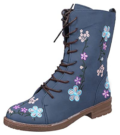 BIISDOST Stivali da equitazione vintage da donna cowboy western con polpaccio medio in pelle PU Bootie Square Tacchi lunghi Slip On Scarpe Wide Fit Knee Stivali da donna in pelle, Blu, 40 EU