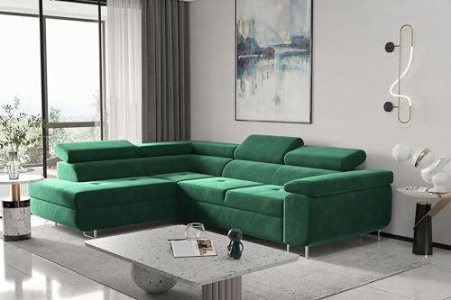 Kaiser Möbel, Ecksofa mit schlaffunktion, mit Bettkasten, Schlafsofa Atom Lux, Designer Sofa, Modern Design Couch, Polsterecke, Freistehend, Stoff Monolith Klasse A, Grün Links