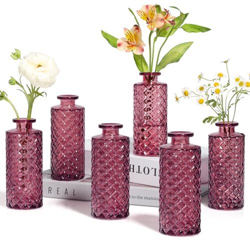 ComSaf Glass Bud Vases Set of 6, Small Diamond Bud Vases in Bulk, Mini Flowers Vases for Centerpieces, Vintage Decor Centerpiece for Table, Wedding Recepetion, Home, Housewarming Gift (Wine Red)