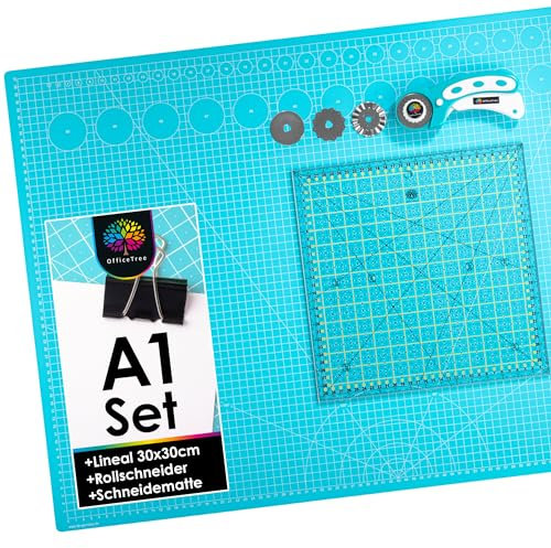 OfficeTree Schneidematte Set A1 90x60 + Rollschneider + Patchwork Lineal 30x30 cm - Schneidematte A1 Selbstheilend - Schneiderlineal Schneiderunterlage und Rollschneider Set - Schneidunterlage nähen