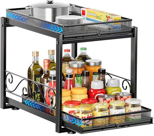 EKNITEY Pull Out Basket Organiser - 2 Tier Sliding Drawers Shelf Sturdy Metal Storage for Inside Cupboard Countertop