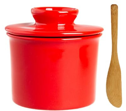 Pasdrucn Butterdose Keramik, Butterdose Porzellan, Butterglocke Porzellan Mit Deckel, Porzellen Französische Butterdose Mit Butterwerkzeug, Butterdosen Für Frisch Aromatisierte Butter (Rot)