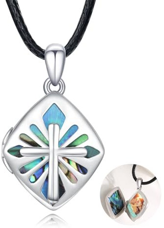 PARYFO Abalone Shell Kreuz Medaillon 925 Sterling Silber Kreuz Foto Medaillon Anhänger Halsketten religiösen Schmuck Geschenke für Frauen Männer Mädchen Mutter Frau Freundin Tochter