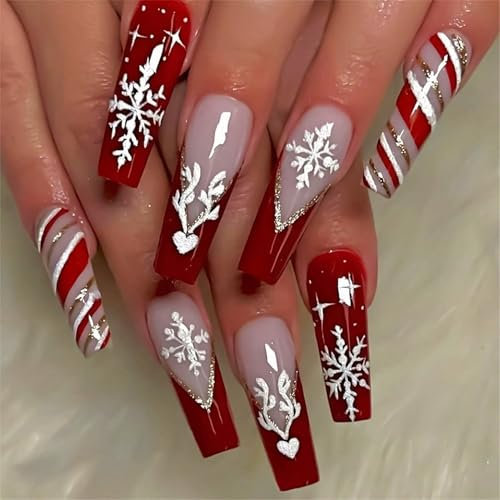 NICENEEDED 24 Stück Weihnachts French Press On Nägel Lange Quadratische Künstliche Nägel Rot Und Weiß Sarg Falsche Nägel Xmas Maniküre Acryl Nagel