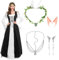 Mittelalter Renaissance Kostüme Kleid Damen Gothic Kleidung Steampunk Vintage Kleider Karneval Kostüm Piraten Cosplay Outfit mit Kopf Kette Blumenkranz Elfenohren für Fasching Halloween (Schwarz, L)