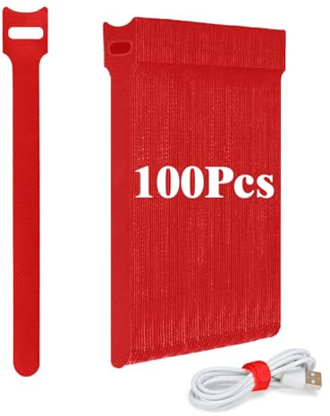 Ruayia Klettband Selbstklebend Kabelbinder 100 Stück, Wiederverwendbare Kabelbinder 12 * 150mm Ladekabel Hook & Loop Tape Kabel klettkabelbinder - Rot