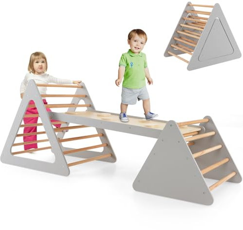 GYMAX 3 in 1 Kids Climbing Set, Wooden Toddler Climbing Frame with Ramp, Outdoor Indoor Children Climber for 3 Years Old + Boys Girls