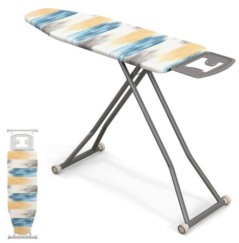 COSTWAY Bügelbrett klappbar mit Eisenablage, Bügeltisch mit 7 Verstellbarer Höhe, Dampfbügeltisch bis 30kg belastbar, Tischbügelbrett hitzebeständig (Gelb und blau,L)