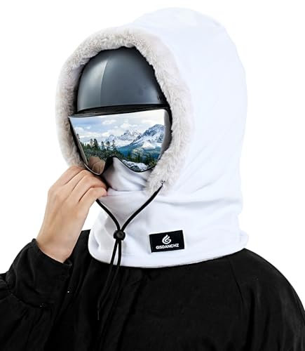 Gisdanchz Bonnet Cagoule Cache Cou Oreille Homme Femme Polaire Tour de Cou Echarpe Casquette Hiver Couvre Casque Ski Cagoule Moto Masque Chapka Snood Blanc