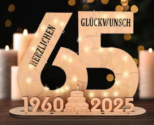 Giftota - 2025 Originelle 65 Geburtstag Geschenk Frauen & Männer - Geldgeschenke Geburtstag 65 mit LED Lichterkette Ständer - Holz-Schild Gästebuch - 65 Geburtstag Deko - Personalisierbares Geschenk
