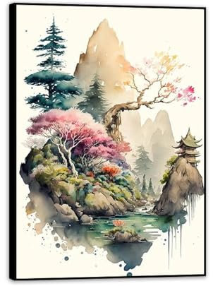 MOBYAT Wandkunst im japanischen Stil,Landschaft,Leinwandgemälde,Aquarell,ästhetischer Posterdruck,Bilder für moderne Inneneinrichtung,55x40cm(22x16 Zoll) schwarzer Rahmen