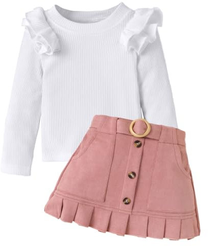 LUVCES Ensemble Bébé Fille Manches Longues en Tricot à Volants Tops + Elegante Mini-jupe 2 pièces Robe Globale Vêtements Tenues d 'Automne Hiver Blanc + Rose 18-24 Mois
