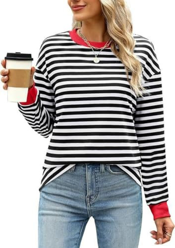Haibang Sweatshirt Damen Gestreift Farbblock Langarmshirt Rundhals Pullover Casual Locker Oberteile Herbst Elegant Striped Shirt Tops