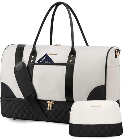 LOVEVOOK Reisetasche Damen Weekender Bag mit Schuhfach & Nassfach, 2-teiliges Set Travel Duffle Sporttasche Groß, Handgepäck Tasche für Flugzeug Reisen Gym Yoga, Schwarz & Beige, M