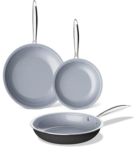 KITEXPERT Juego de sartenes antiadherentes, sartenes de cerámica de titanio no tóxicas, sartén antiadherente de 8, 9.5 y 11 pulgadas, mango de acero inoxidable, apto para lavavajillas y horno, sin
