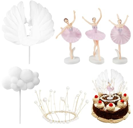 WUFGWBD 3 Ballerina Ornament Statues, 1 Piece Wings, 1 Piece Crown, 1 Piece Cloud, Birthday Cake Topper, Girl Cake Topper, Ballet Party Decorations