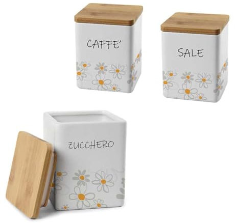 MA MAISON Tris Quadrato Daisy: Set Sale, Zucchero e Caffè in Ceramica con Tappo in Legno- Dimensioni compatte 10x13 cm - Elegante e Pratico per la Conservazione degli Alimenti con Stile
