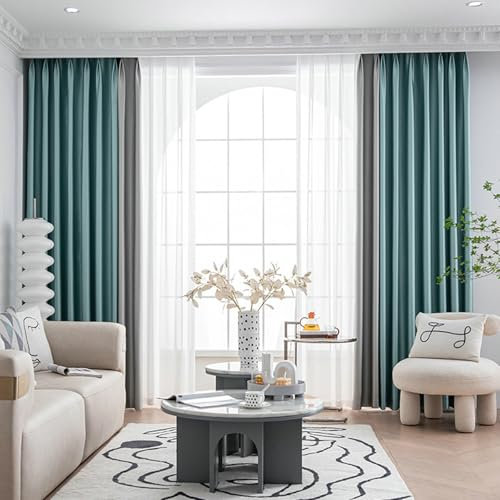 Wycian Rideau Cuisine Japonais Store Occultant Thermique Vert Gris 2 Panneaux Polyester Patchwork Bicolore 132L x 138H cm