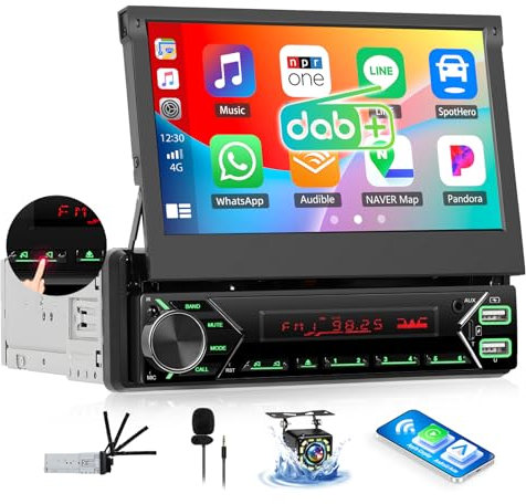 OiLiehu Dab+ 1 DIN Inalámbrica CarPlay Android Auto Pantalla Retráctil Eléctrica 7 Reproductor Multimedia MP5 con Mirror Link Bluetooth FM Radio SWC AUX EQ USB Tipo C Camara Marcha Atras