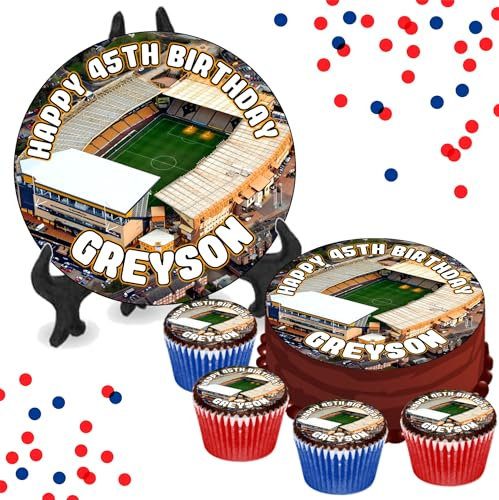 Wolves Molineux Stadium PERSONALISED Edible Cupcake Toppers / 8 Inch Cake Wafer or Icing - Sports Football Fan Birthday Decorations - Perfect for Brownies, Cookies, Muffins & More!