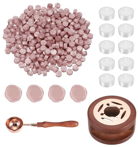 PATIKIL Wax Seal Kit, 300 Pcs Wax Sealing Beads, Wooden Warmer, Melted Spoon, 10 Pcs Tealight Candles for Envelope Letter Mailing Crafts DIY, Rose Gold