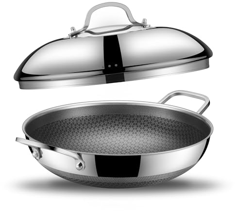 SNOWCLAD Wok, 13 Inch Hybrid Woks & Stir-fry Pans Nonstick with Double Handles, Non Toxic Stainless Steel Wok Pan with Lid, Dishwasher Induction Oven Broiler Safe