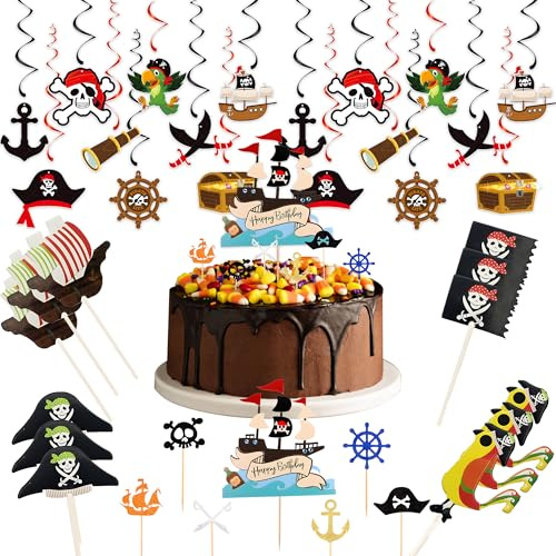 49 Stück Piraten Tortendeko Set,Piratendeko Party Hängende Wirbel Deko,Piratenschiff, Kapitän Hut, Schädel und Papagei für Kindergeburtstag, Piraten Deko für Jungen und Mädchen