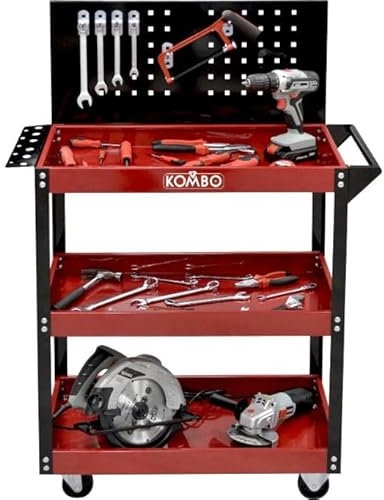 KOMBO Carrello Portautensili a 3 Ripiani con Pannello Forato, 81x35x110 cm, Portata 150 kg, Rosso/Nero