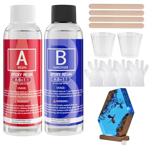 Epoxidharz Set 500ml mit Härter 1:1, blasenfrei glasklar – UV Resin & Epoxy Resin, Epoxidharz kleber mit Handschuh, Holzstäbchen, Gießen Set für Holz, Schmuckherstellung, Kunstwerke Gießharz