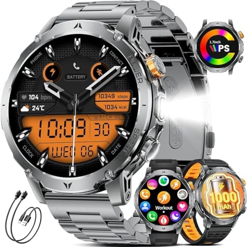 LIGE Smartwatch Herren mit 1000mAh Akku/1.7'' HD Große Display,Militär Smartwatch mit Taschenlampe/Bluetooth Anrufe/120+ Sportmodi,IP68 Wasserdicht Fitnessuhr Herzfrequenz/Schlafmonitor,Stahlschwarz