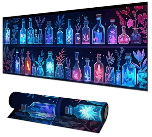 HOMETITUTE Grand tapis de souris de jeu 80 x 30 cm - Bouteilles de potion botaniques lumineuses - Antidérapant - Tapis de protection XL pour la maison, le bureau, l'ordinateur portable, souris sans
