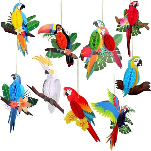 Hawaii Deko Papagei 9 Stück Holz 2D Tropische Vogel Hängende Dekorationen aus Flachem Holzbrett mit Aufhängeseil, Dschungel Sommer Party Geburtstag Luau Strand Party Deko (Holz Papagei Hänger)