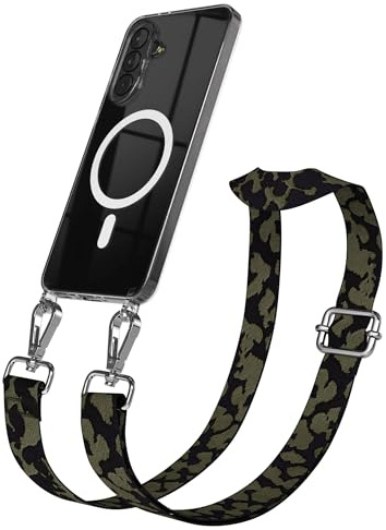 EAZY CASE Handykette - Verstellbares Taschenband kompatibel mit Galaxy A37, Schulterriemen, Handykordel mit Silikon Hülle, Qi Charging kompatibel, Umhängetasche, Dunkelgrün Camouflage Silber