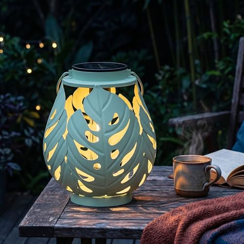 Elblight.de LED Solar Laterne Outdoor – Gartenleuchte mit COB LED Dämmerungssensor Metallgehäuse warmweiß Boho Gartenlampe (Monstera-Blätter)