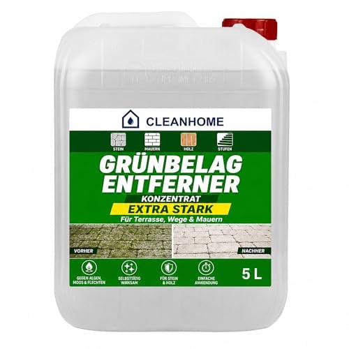 CLEANHOME Grünbelag Entferner Konzentrat 5 Liter – extra starker Grünbelagentferner gegen Algen, Moos & Flechten | selbsttätiger Steinreiniger außen für Terrasse, Wege, Mauern & Holz